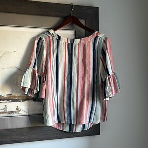 Susina Cabana Striped Top w/Ruffles Bell Sleeves and Bow Detail - Size S